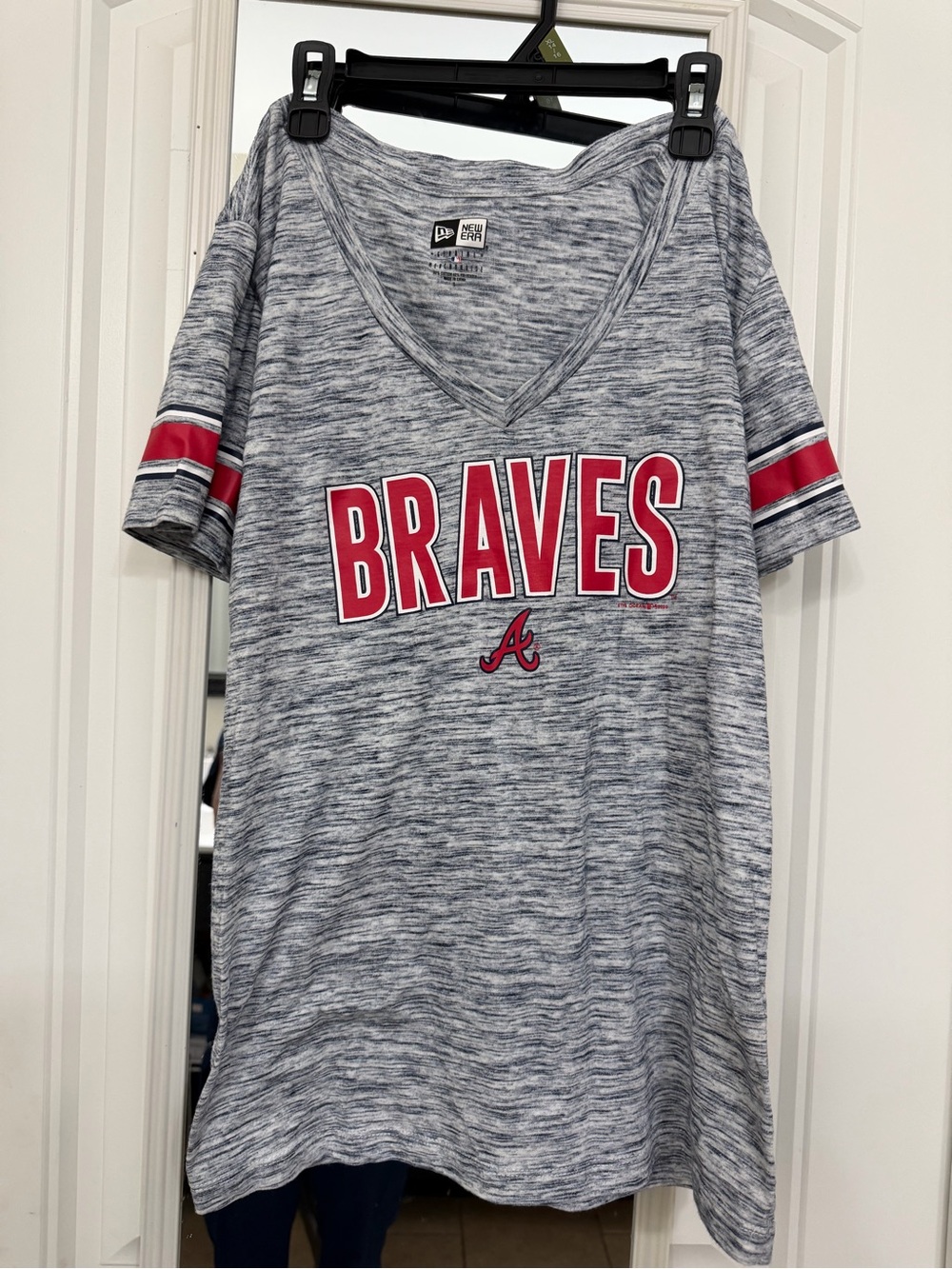New Era Gray Kids Braves V-Neck Tee with Red Lettering
